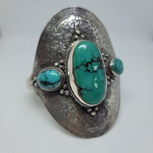 Heavy Turquoise & Etched Sterling Cuff